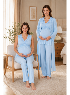 Effortt 5064 Mavi Sıfır Kol Dantelli Sabahlıklı Lohusa Pijama Takımı
